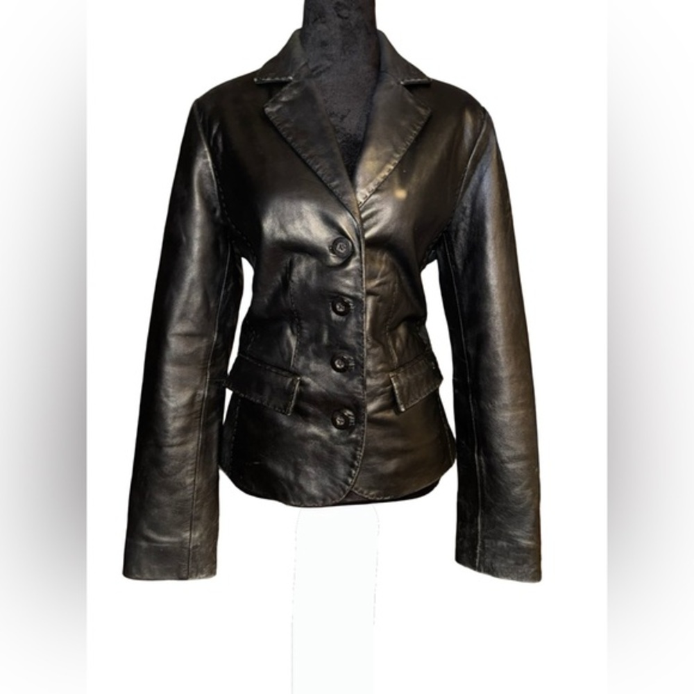 VTG Y2K Sonoma Women's‎ Leather Soft Lambskin Blazer Black Button closure Sz M